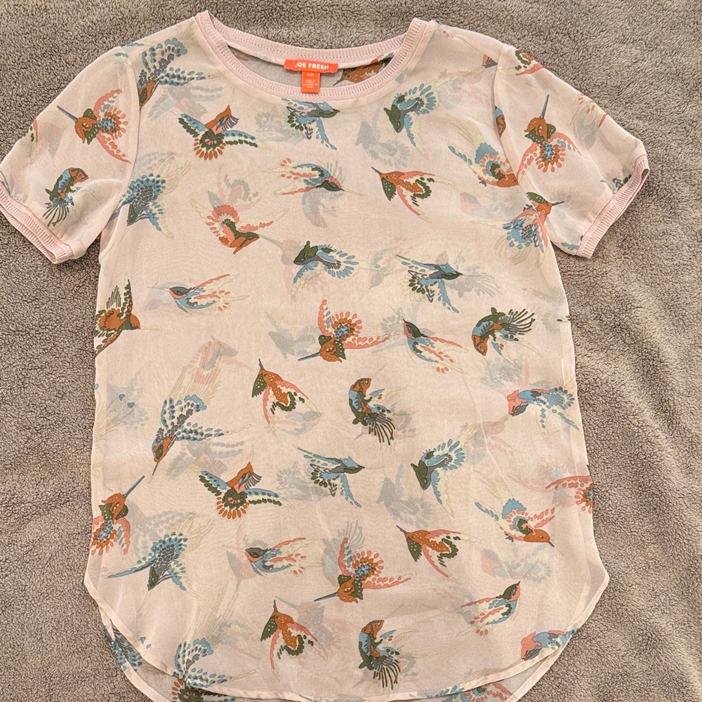 Joe Fresh Cream Blouse with Colorful Bird Print Small